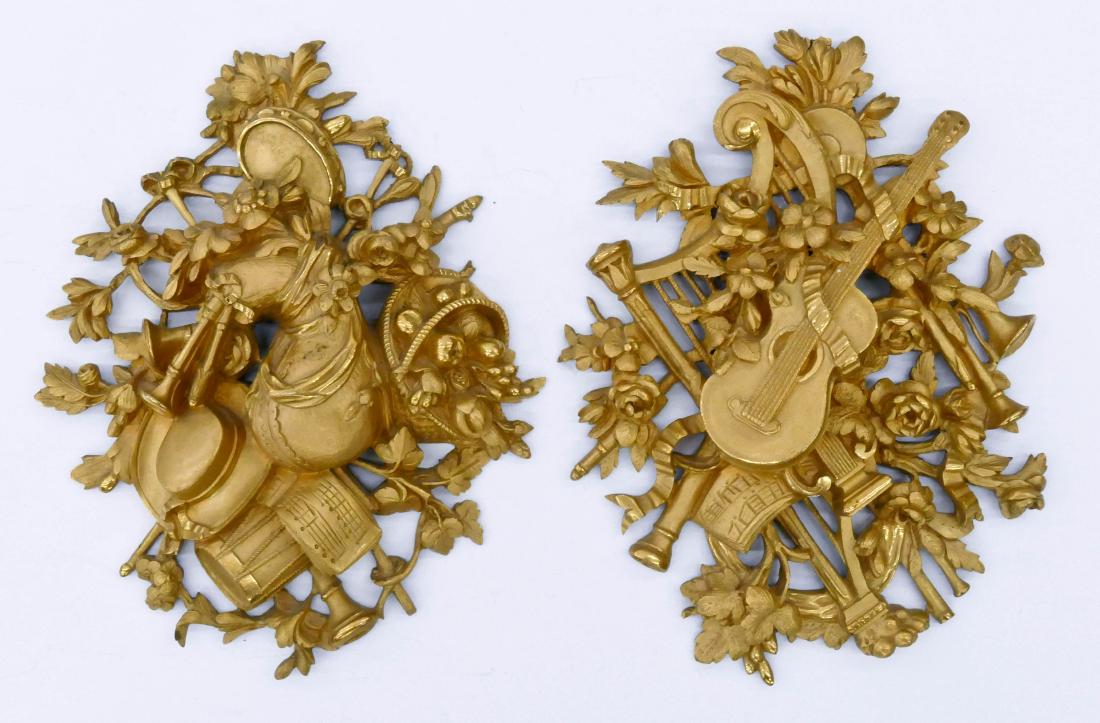 Pair French Ormolu Gilt Bronze Plaques 8.5''x6'' Each.: Pair French Ormolu Gilt Bronze Plaques 8.5''x6'' Each. Figural relief plaques with various instruments and flora. Excellent condition. 19th century, Louis XV style.