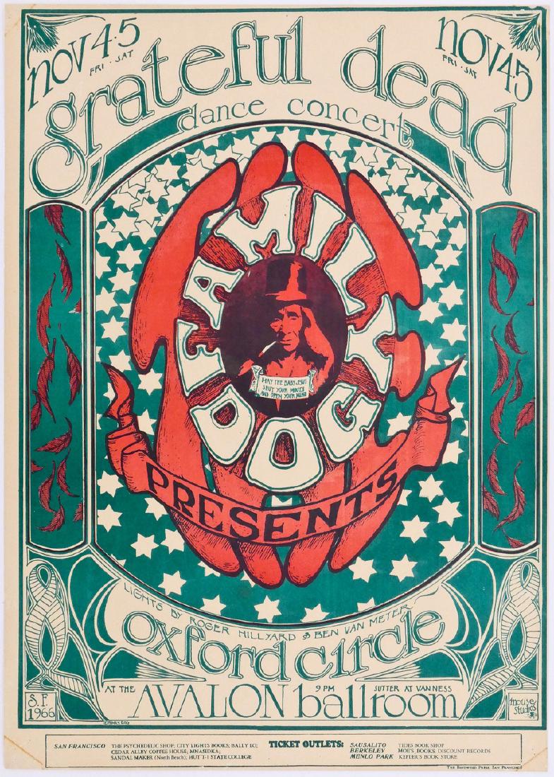 1966 Grateful Dead ''Logo'' Avalon Rock Concert Poster: 1966 Grateful Dead ''Logo'' Avalon Rock Concert Poster FD-33 20'x14''. An early Family Dog poster designed by Stanley Mouse. Lorin Gillette Distributor, San Francisco rubber stamp on verso. Slight tap