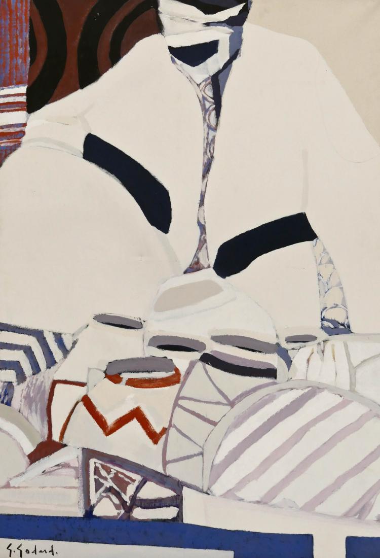 Gabriel Godard (b.1933 French) ''Le Potier'' (The: Gabriel Godard (b.1933 French) ''Le Potier'' (The Potter) 1986 Oil on Canvas 45.75''x32'' Image. Signed l.l. corner and titled on verso. Slight press dent near center.