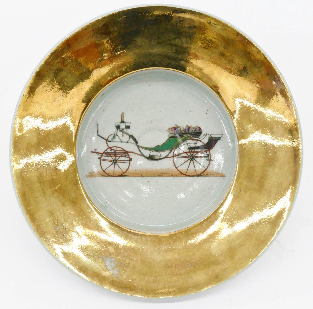 Howard Kottler (1930-1989 Washington) Early Stoneware: Howard Kottler (1930-1989 Washington) Early Stoneware Decal Plate 12''x2.75''. A rare early wheel thrown bowl with his altered decals and gold luster glazes. Very similar to his later ''Pinky Apostles