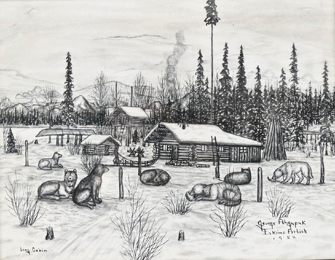 George Ahgupuk (1911-2001 Alaska) ''Log Cabin'' 1952 (1 of 2)