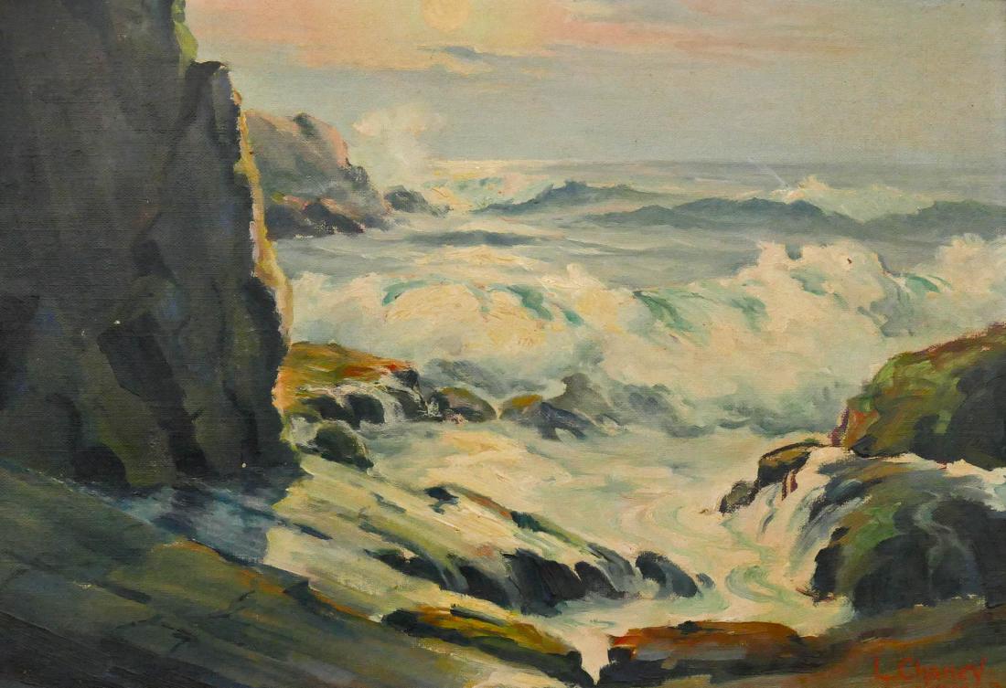 Lester Chaney (1907-1998 American) ''Point Elizabeth,: Lester Chaney (1907-1998 American) ''Point Elizabeth, Coast of Maine'' 1929 Oil on Canvas 14''x20'' Image. Signed and dated l.r. with title on verso of frame. Original frame 17.5''x24''. Excellent ove