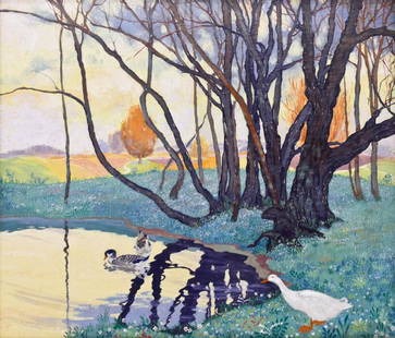 Jessie Arms Botke (1883-1971 American) ''The Duck: Jessie Arms Botke (1883-1971 American) ''The Duck Pond'' 1918 Oil on Board 18''x21'' Image. An early exotic landscape by this well known artist. Signed and dated l.r. Modern gilt frame 25''x28''.