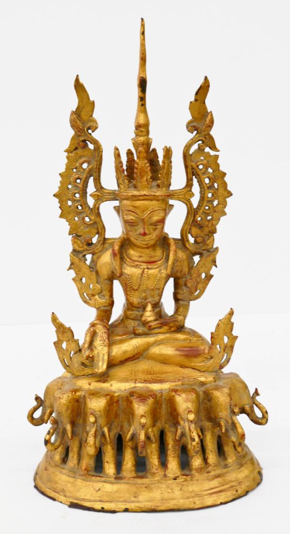 Burmese Gilt Bronze Crowned Buddha 17.5''x9.5''. Seated (1 of 3)