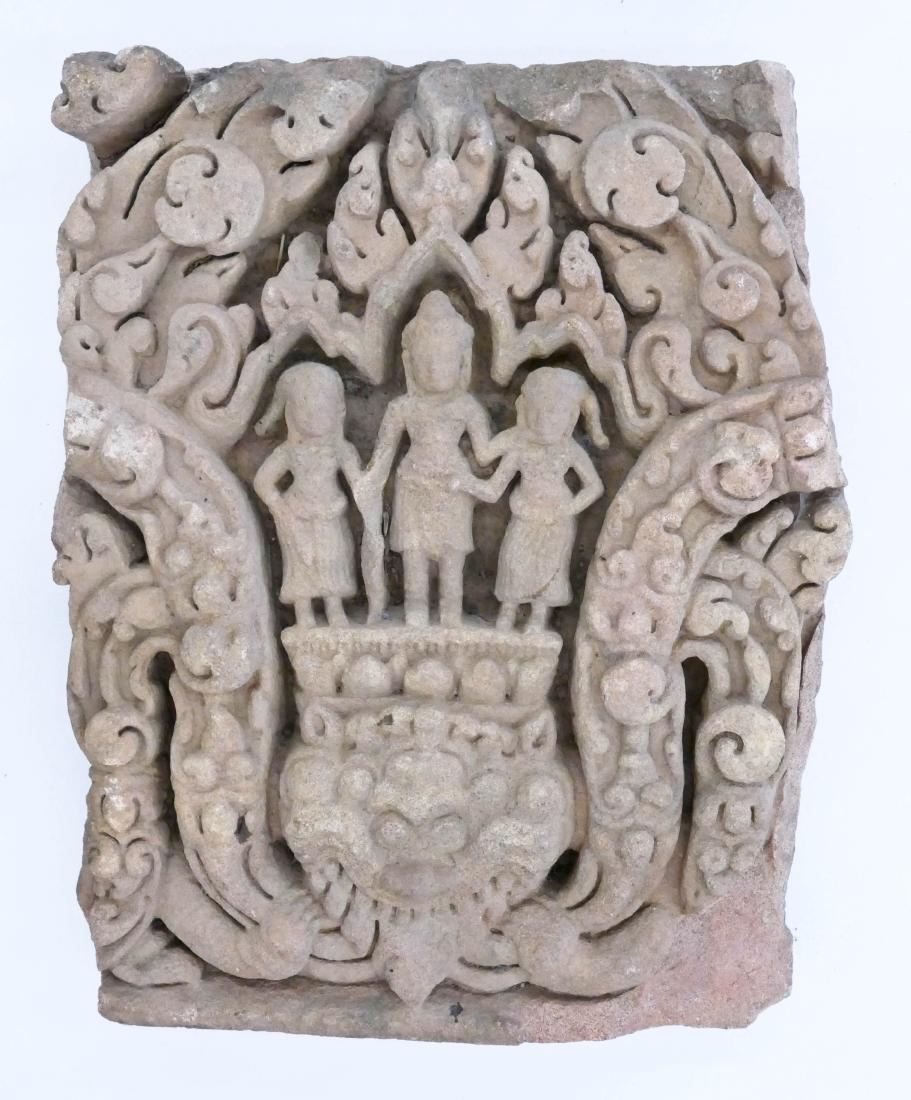 Khmer Sandstone Frieze Fragment 19.5''x14.5''x3''.: Khmer Sandstone Frieze Fragment 19.5''x14.5''x3''. Depicting a trio of carved stone figures. Overall wear from age. Likely 13th century, Cambodian.