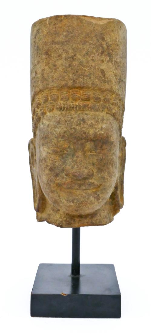 Khmer Funan Stone Deity Head on Stand 12.5''x4.5'' (1 of 4)