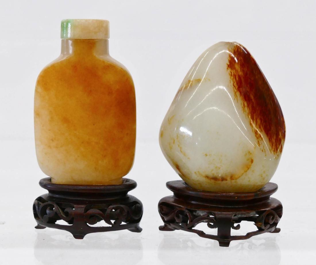 2pc Chinese Jade Snuff Bottle & Pebble on Stands. (1 of 6)