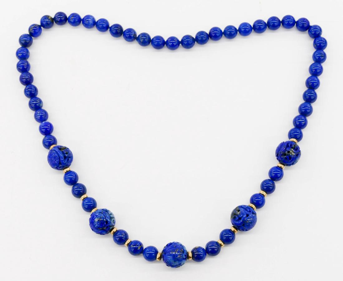 Chinese 14k Lapis Lazuli Shou Beaded Necklace 28''. A (1 of 3)