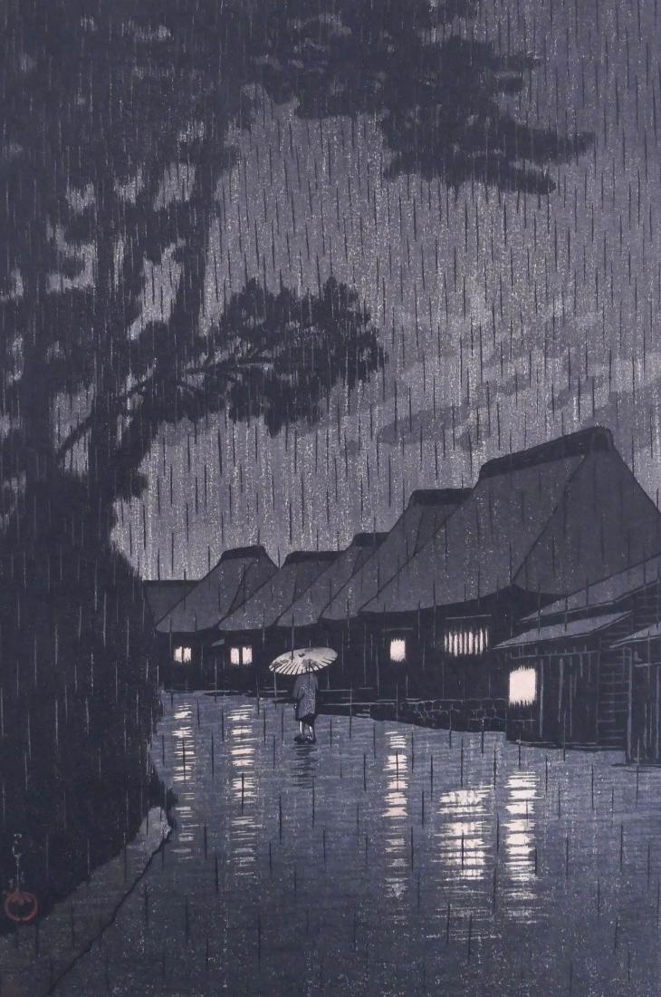 Kawase Hasui ''Rainy Night at Maekawa'' Woodblock Print: Kawase Hasui ''Rainy Night at Maekawa'' Woodblock Print 15.5''x10.5'' Sheet. Full margins. Light toning throughout. Laid down to board. Strong color.