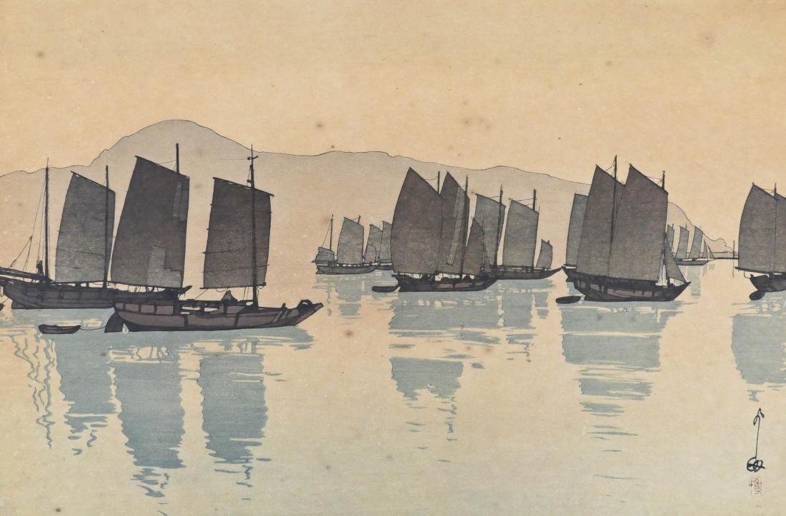 Hiroshi Yoshida ''Morning at Abuto'' Woodblock Print: Hiroshi Yoshida ''Morning at Abuto'' Woodblock Print 11''x16'' Sheet. Pencil signed and titled with full margins. Toning throughout with foxing spots. Slight tear upper left margin.