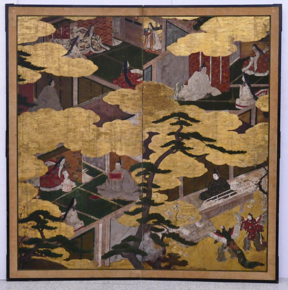 Early Japanese 2-Panel Painted Room Screen 66''x66.5''. (1 of 3)