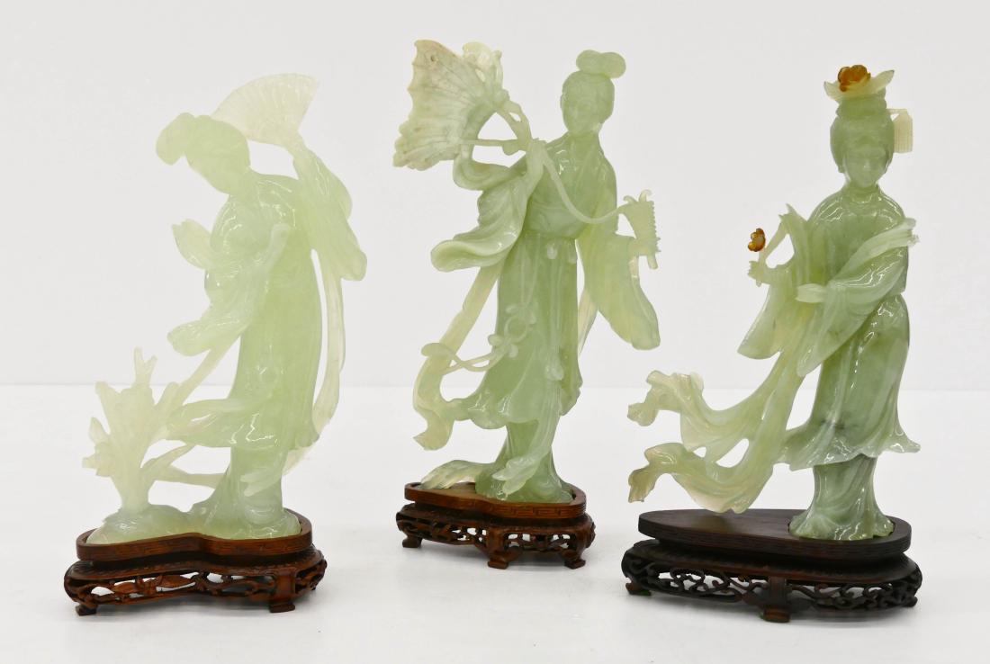 3pc Chinese Serpentine Jade Meiren Figures on Stands. (1 of 3)