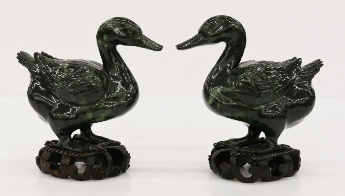 Pair Chinese Green Hardstone Duck Figures on Stands (1 of 2)
