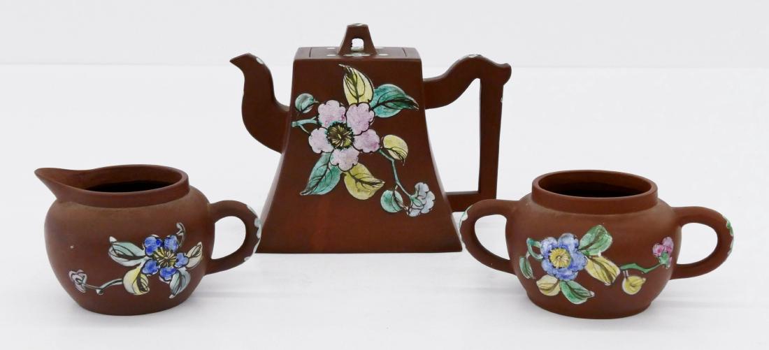 3pc Chinese Yixing Zisha Enameled Tea Set. Includes a (1 of 3)