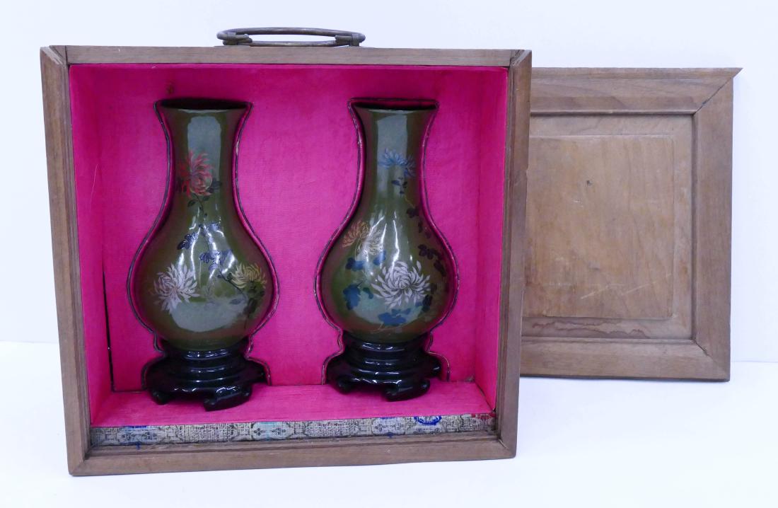 Pair Chinese Lacquered Vases in Fitted Wood Box (1 of 2)