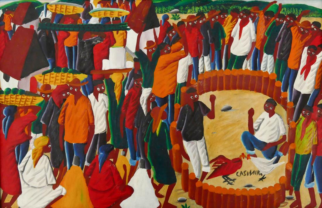 Laurent Casimir (1928-1990 Haiti) Cock Fight Oil on: Laurent Casimir (1928-1990 Haiti) Cock Fight Oil on Masonite 14''x21.5'' Image. A colorful figure painting signed l.r. Framed 16''x23''. Overall excellent condition. Haitian artist.