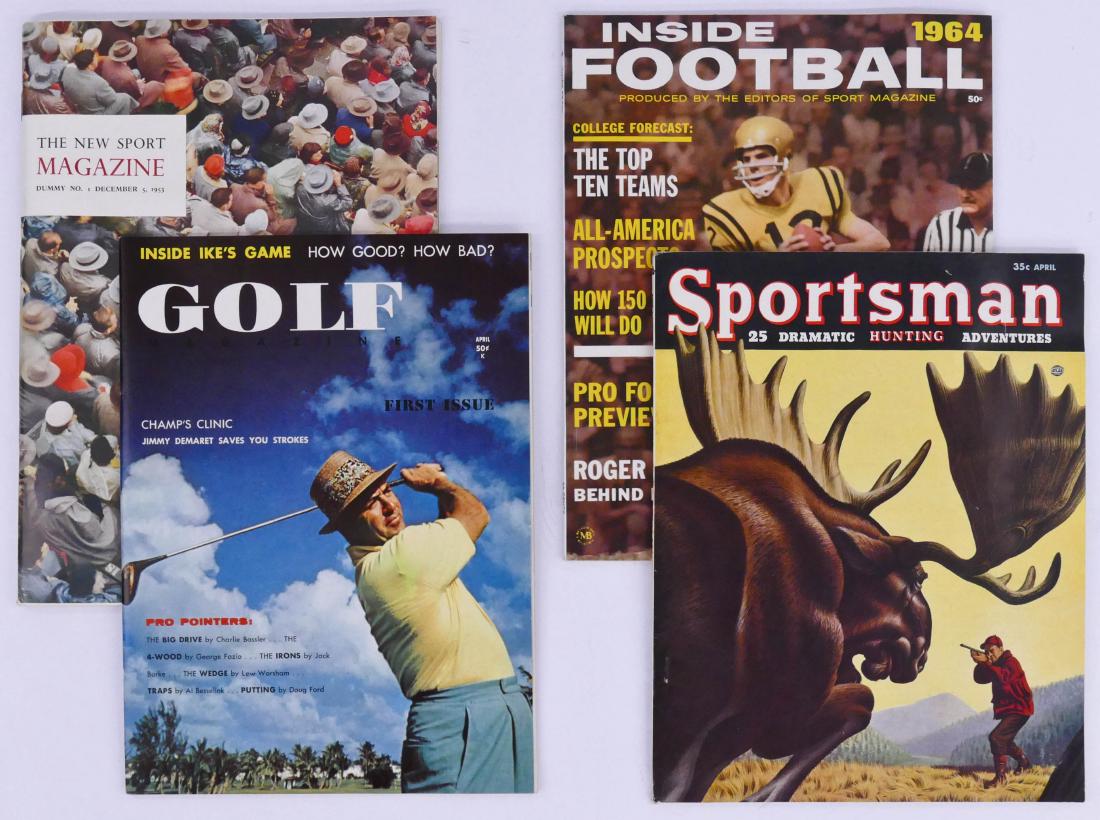 4pc Vintage Sports Magazines First Issues. Includes The: 4pc Vintage Sports Magazines First Issues. Includes The New Sport Magazine, Golf Magazine #1, Inside Football 1964, and Sportsman #1. Condition ranges Ex to Near Mint condition. From an estate collect