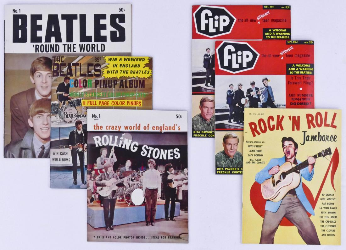 6pc Vintage Rock & Roll Magazines First Issues.: 6pc Vintage Rock & Roll Magazines First Issues. Includes Beatles 'Round the World #1, The Beatles Color Pinup Album, Rolling Stones #1 Acme, Rock n' Roll Jamboree (Elvis cover), and two issues of Flip