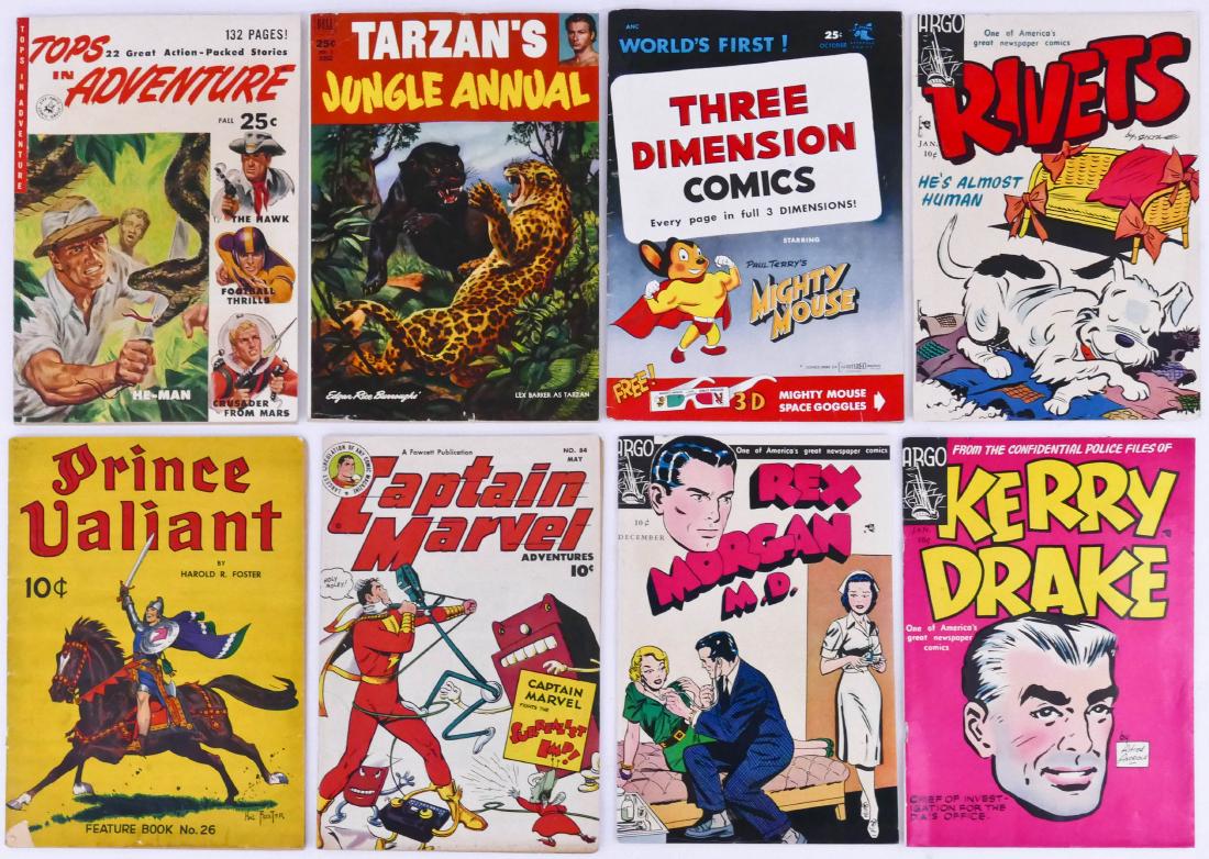 8pc Vintage Comic Books. Includes Captain Marvel 84,: 8pc Vintage Comic Books. Includes Captain Marvel 84, Three Dimension Comics, Argo Kerry Drake, Red Morgan M.D., Rivets, Prince Valiant Feature Book No.26, Tops in Adventure, and Tarzan's Jungle Annual