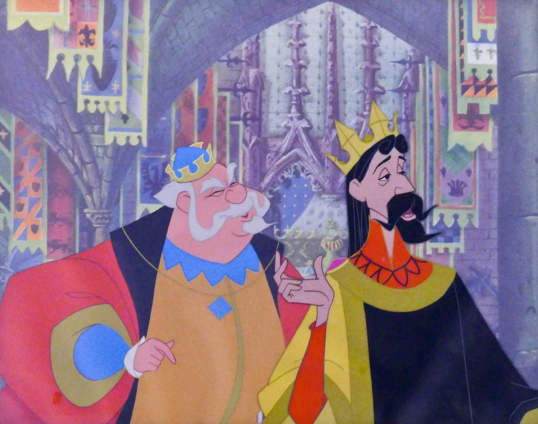 Walt Disney Sleeping Beauty 1959 Animation Cel of King: Walt Disney Sleeping Beauty 1959 Animation Cel of King Hubert & Stefan 12''x14''. Original gold foil Art Corner at Disneyland label on verso. Excellent condition.