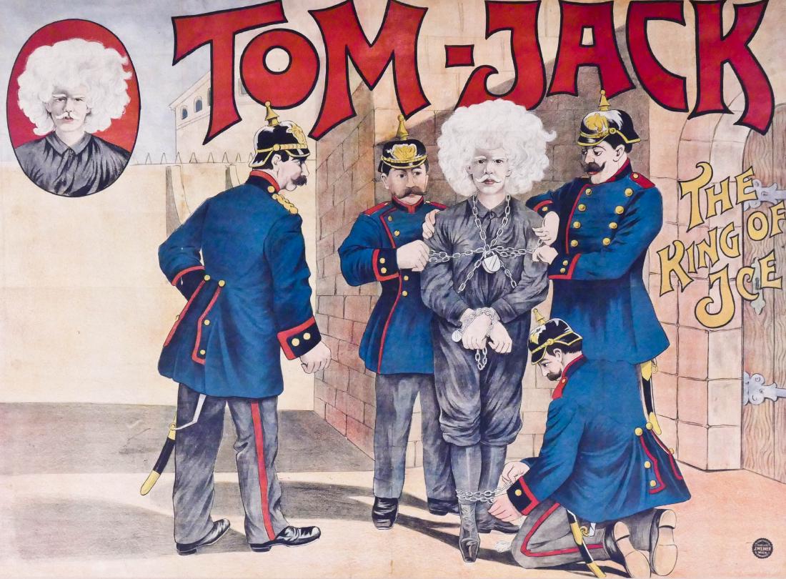 Antique Tom Jack Magician Poster 35''x47'' Sight.: Antique Tom Jack Magician Poster 35''x47'' Sight. Exceptional magic poster of Tom-Jack (Karl Breu) The King of Ice tied in chains with Prussian soldiers. Published by J. Weiner Wien Austria. Strong co