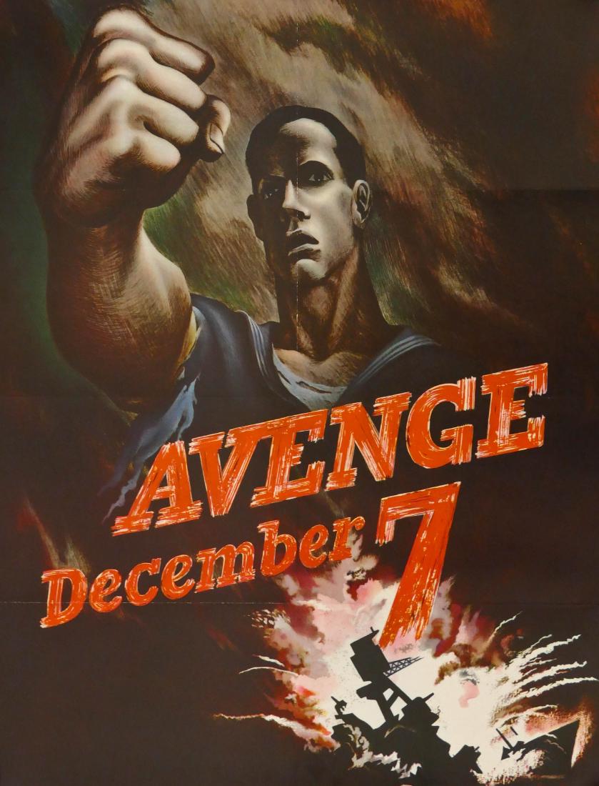 2pc WWII Avenge December 7 War Posters 28''x22'' Each.: 2pc WWII Avenge December 7 War Posters 28''x22'' Each. Bernard Perlin artist. Strong color with light roll creasing. One has a few pin holes. Overall excellent condition. From a large estate collectio