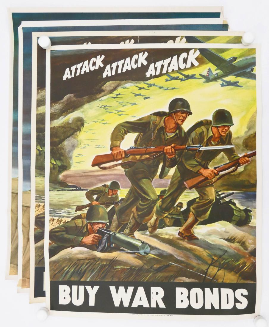 4pc WWII US Buy War Bonds Posters 28''x22'' Each.: 4pc WWII US Buy War Bonds Posters 28''x22'' Each. Includes two ''Attack Attack Attack'' posters by Ferdinand Warren and two ''Doing All You Can, Brother?'' by Robert Smullyan Sloan. One of each has ed