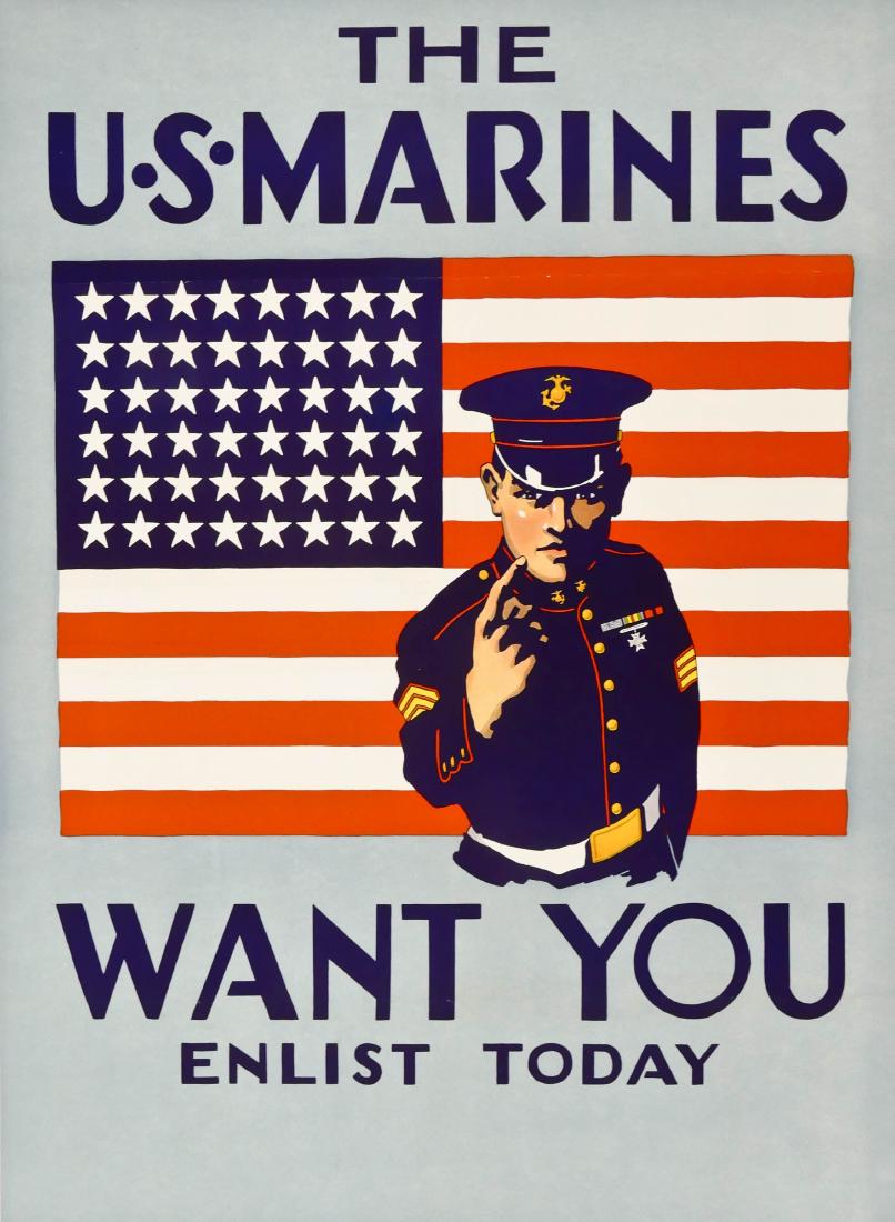 2pc WWII US Marines Want You Recruitment Posters: 2pc WWII US Marines Want You Recruitment Posters 40''x28'' Each. Strong color with some roll creases. Excellent condition. From a large estate collection of WWII posters being offered in this sale.