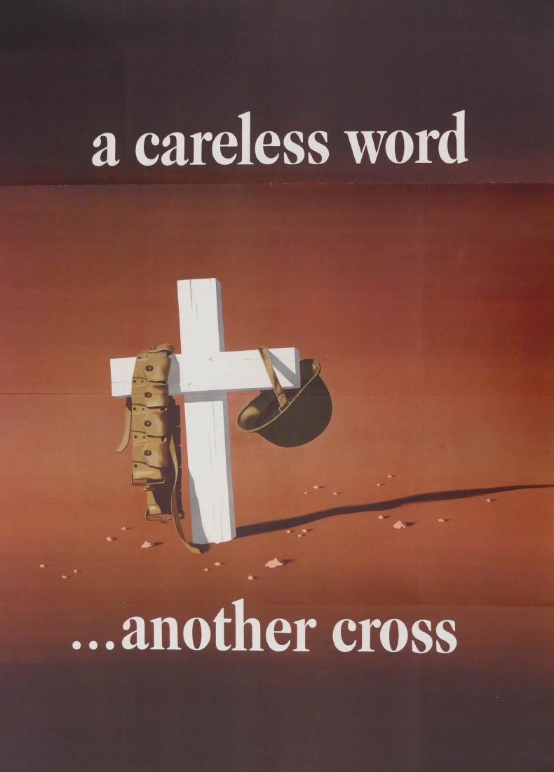 3pc WWII A Careless Word Another Cross Posters: 3pc WWII A Careless Word Another Cross Posters 40''x28.5'' and 28''x22''. John Atherton artist. Includes one large and two smaller versions. Strong color with some roll creasing. One smaller has edge 