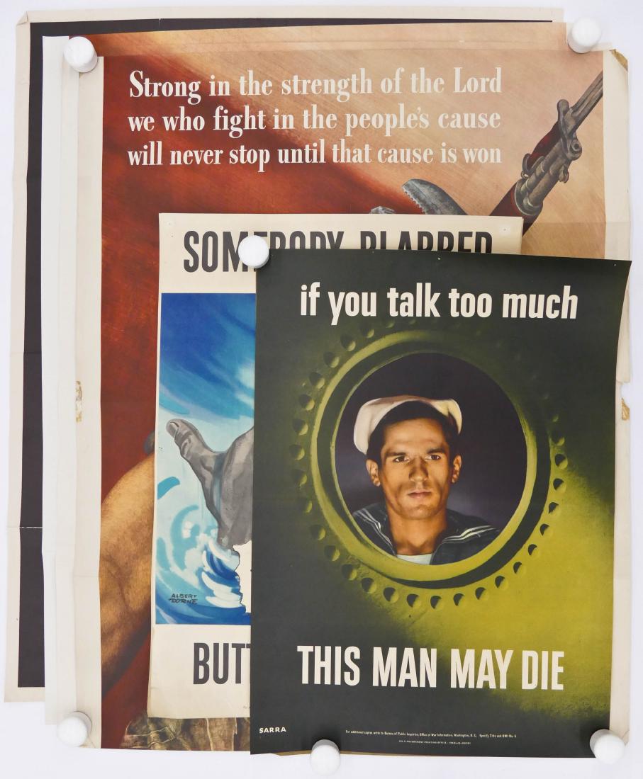 7pc WWII US Propaganda War Posters 28''x22'' Largest: 7pc WWII US Propaganda War Posters 28''x22'' Largest Size. Includes four smaller ''Someone Talked'' posters, three trimmed David Stone Martin posters, and a Carless Word poster. Strong colors with rol