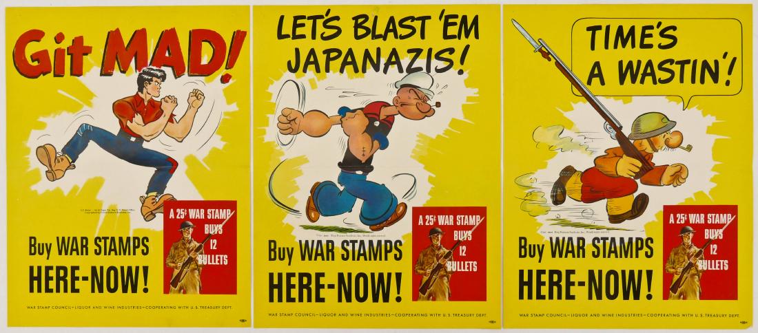 3pc WWII Comic Character War Stamp Posters 18''x13.75'': 3pc WWII Comic Character War Stamp Posters 18''x13.75'' Each. Includes Popeye, Li'l Abner, and Snuffy Smith. Strong color with light fold creasing. Pin holes to top corners. Overall excellent conditio