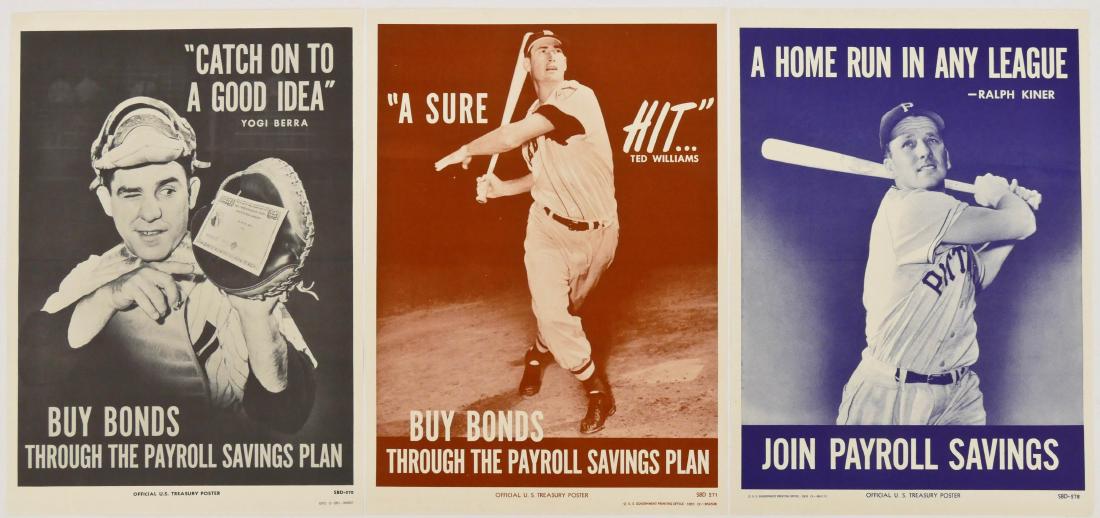 3pc WWII Baseball War Bond Posters 13''x9.25'' Each.: 3pc WWII Baseball War Bond Posters 13''x9.25'' Each. Includes a poster with Yogi Berra, Ted Williams, and Ralph Kiner. Strong color and in excellent condition. From a large estate collection of WWII p