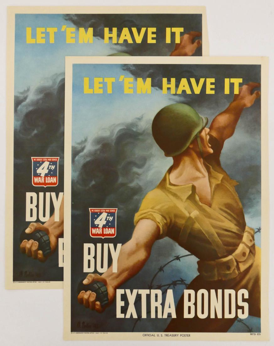 2pc WWII Let 'Em Have It War Bond Mini Posters: 2pc WWII Let 'Em Have It War Bond Mini Posters 14.25''x10.25'' Each. Bernard Perlin artist. Strong color and in excellent condition. From a large estate collection of WWII posters being offered in thi