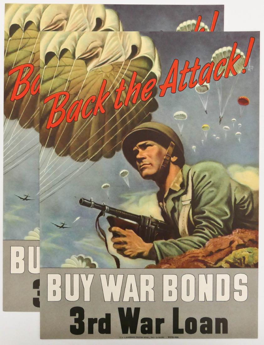 2pc WWII Back the Attack! Buy War Bonds Mini Posters: 2pc WWII Back the Attack! Buy War Bonds Mini Posters 14''x10'' Each. Georges Schreiber artist. Strong colors and in excellent condition. From a large estate collection of WWII posters being offered in