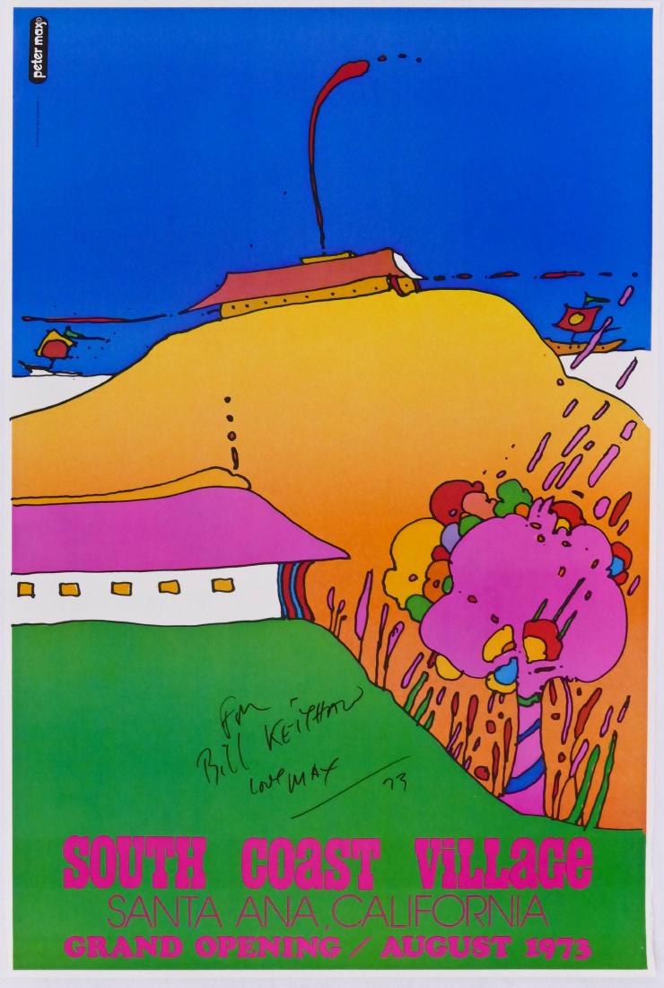 1973 Peter Max South Coast Village Signed Poster: 1973 Peter Max South Coast Village Signed Poster 37''x25''. Ink signed and inscribed. Strong color with some very light edge wear. Overall excellent condition.