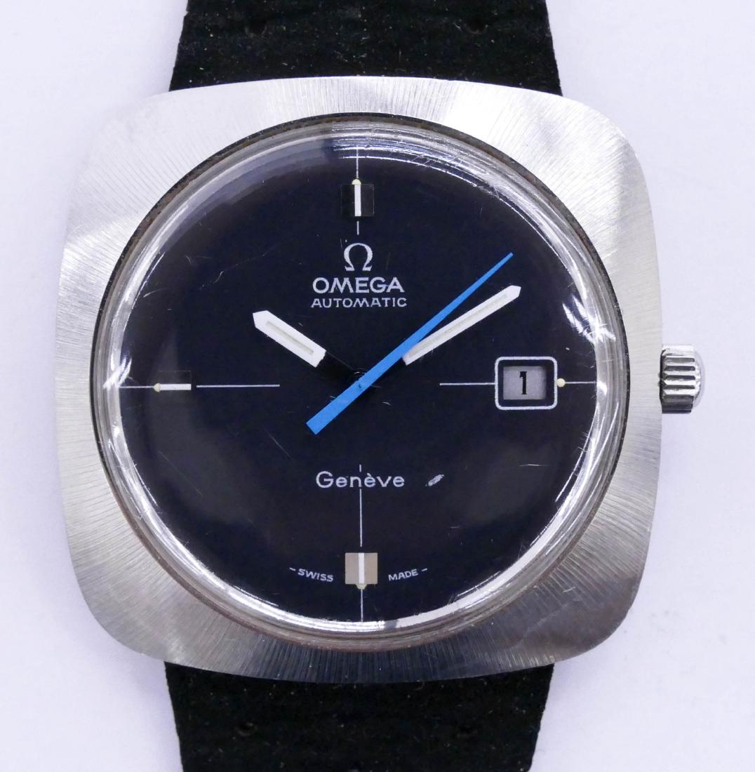 Vintage Men's Omega Geneve Automatic Wrist Watch.: Vintage Men's Omega Geneve Automatic Wrist Watch. Automatic movement with date function. Modernist stainless steel case with Omega buckle. Clean working condition. No box. Search terms: Carre Arrondi.