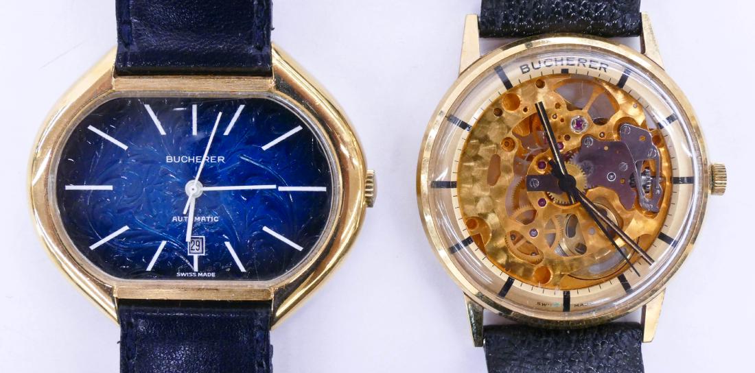 2pc Vintage Men's Bucherer Automatic Wrist Watches.: 2pc Vintage Men's Bucherer Automatic Wrist Watches. Includes a skeleton dial front/back MSR 17 Jewels Swiss movement with replaced band. Working condition. Also a blue floral textured face watch with