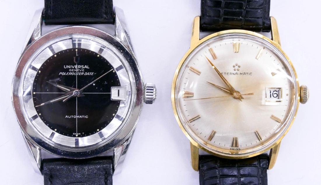 2pc Vintage Men's Wrist Watches. Includes a: 2pc Vintage Men's Wrist Watches. Includes a Eterna-Matic Swiss automatic date function watch. Serial number 4483423. Working condition. Also a Universal Geneve Polerouter Date Automatic Swiss watch. S