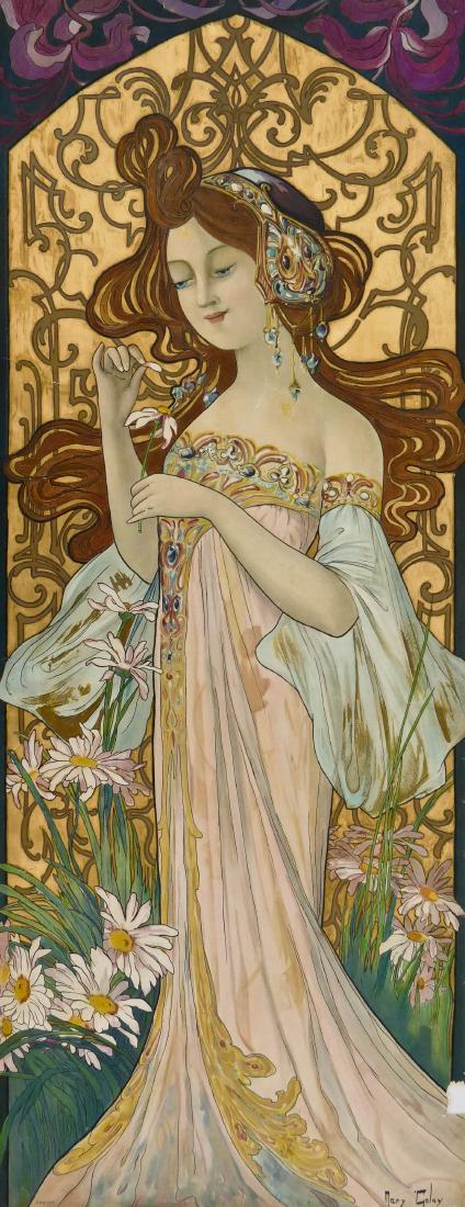 Antique Mary Golay ''He Loves Me, He Loves Me Not'': Antique Mary Golay ''He Loves Me, He Loves Me Not'' Lithograph 39.5''x15.25''. French art nouveau woman chromolithograph. Strong color with some edge chipping and tears.
