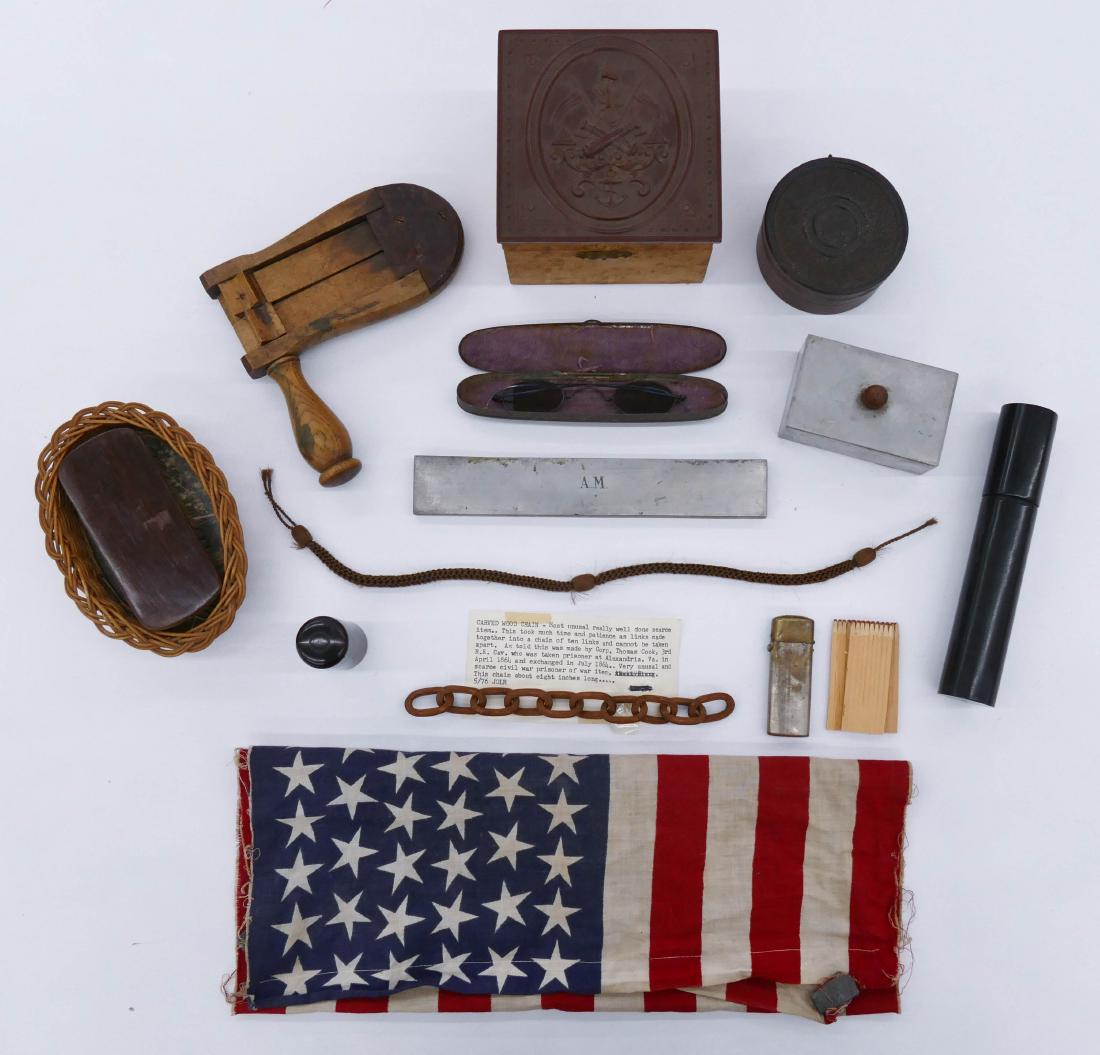 13pc Civil War Soldier Personal Effects. Includes two: 13pc Civil War Soldier Personal Effects. Includes two gutta percha boxes, one with crossed cannons and the other USN. a pair of eye glasses in case, a straight razor case, a match safe with matches, a