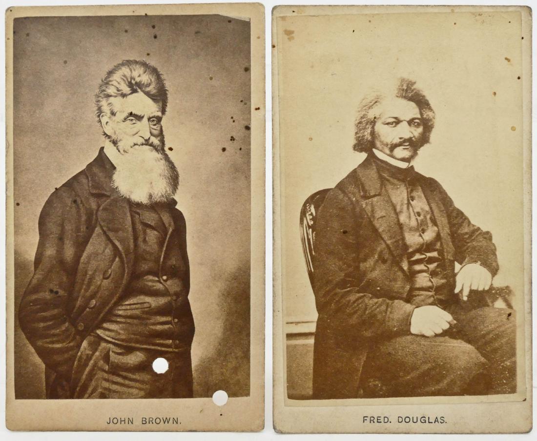 2pc Frederick Douglass & John Brown CDV Photographs.: 2pc Frederick Douglass & John Brown CDV Photographs. Two civil war era carte de visite photos of these famous abolitionists. Marked ''Fred. Douglas.''. John Brown photo has two punched holes. Some sca
