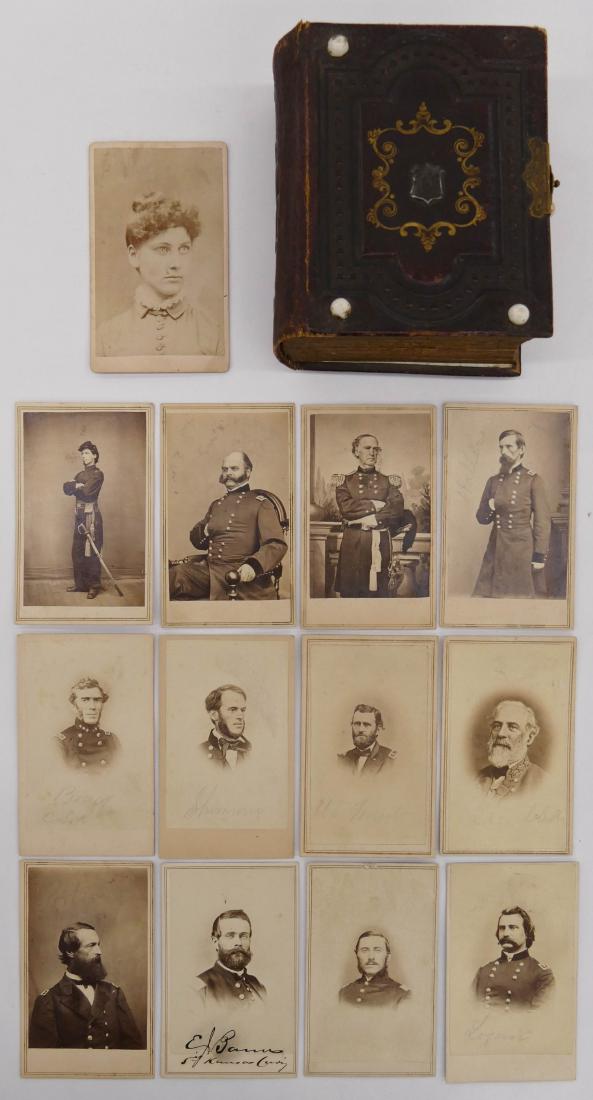 13pc Civil War General CDV Photographs in Album.: 13pc Civil War General CDV Photographs in Album. Includes Lee, Grant, Sherman, Bragg, Logan, Burnside, Samuel Curtis, D.D. Porter, Wallace, etc. Many carte de visite photos were taken by E.&H.T. Antho