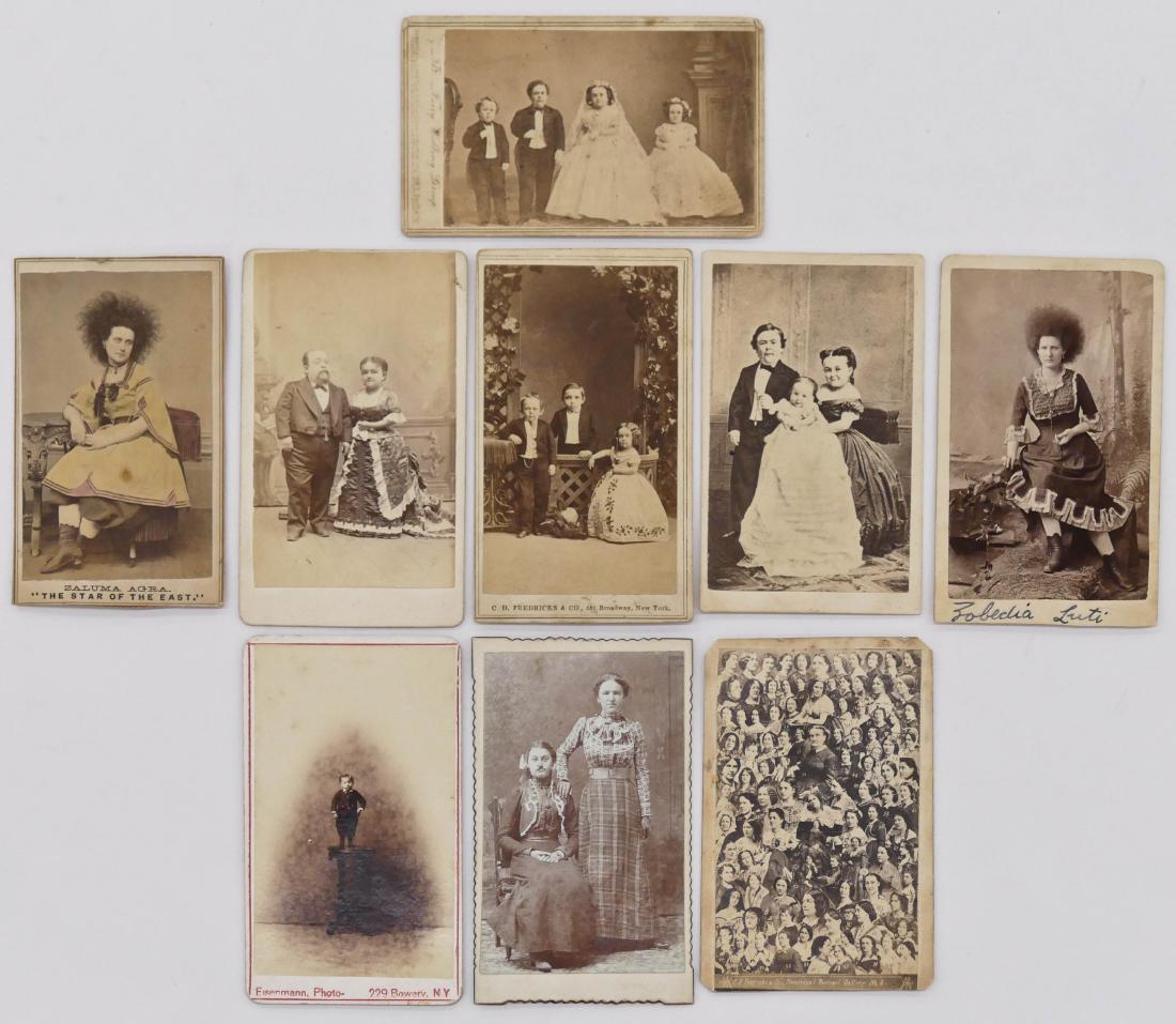 9pc Antique Circus & Actor CDV Photographs. Includes: 9pc Antique Circus & Actor CDV Photographs. Includes images of Tom Thumb and family. Also Zaluma Agra amongst other carte de visite photos. Scattered light wear and edge wear.