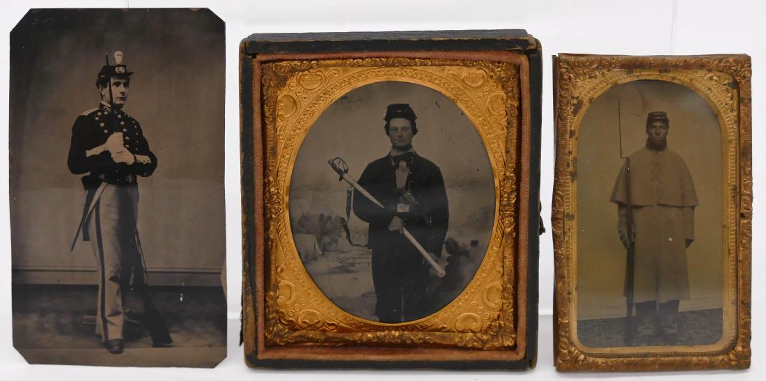 3pc Civil War Soldiers with Weapons Tintype Photos: 3pc Civil War Soldiers with Weapons Tintype Photos 4''x2.5'' Largest Size. Two hold rifles while one holds a sword. Some creasing.