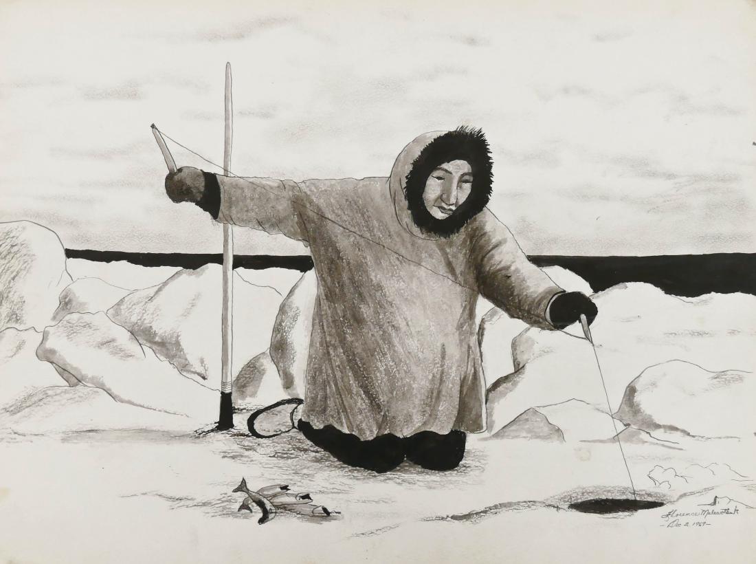 Florence Malewotkuk (1906-1971 Alaska) Eskimo Ice: Florence Malewotkuk (1906-1971 Alaska) Eskimo Ice Fishing 1969 Ink on Board 15''x20'' Image. A large and impressive Alaskan native scene by this Yupik Eskimo artist. Signed and dated l.r. Loose, unfra