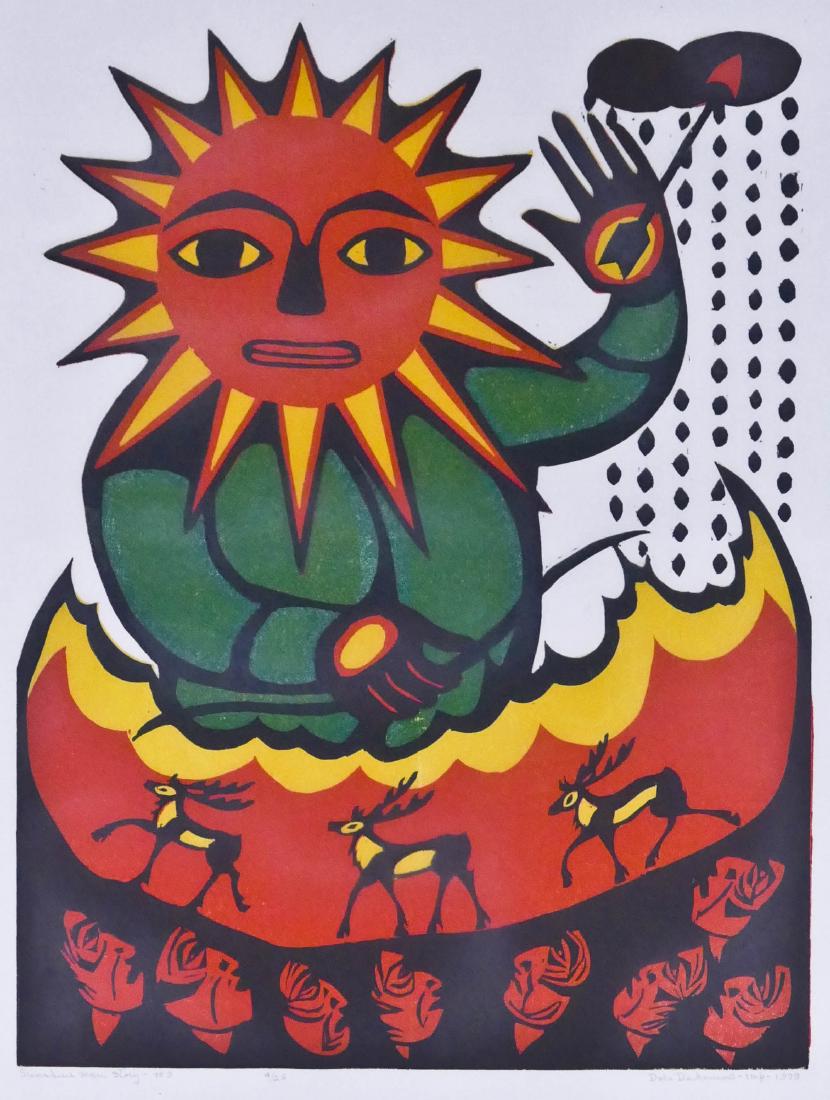 Dale DeArmond (1914-2006 Alaska) ''Sunshine Man Story: Dale DeArmond (1914-2006 Alaska) ''Sunshine Man Story #9'' 1979 Woodcut Print 24''x19'' Sheet. Pencil signed and numbered 4 of 25 edition lower margin. Framed 29''x24''. Excellent condition.