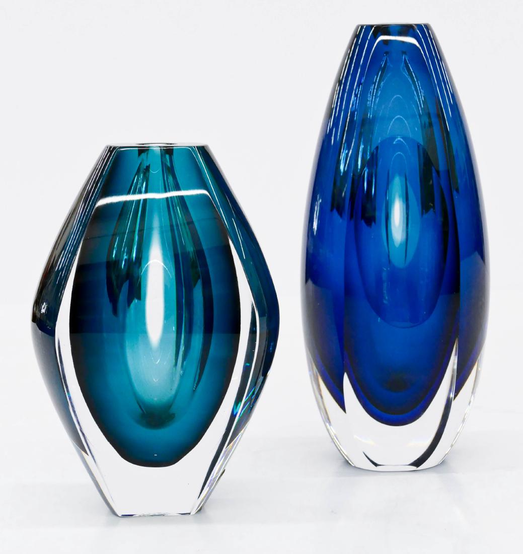 Mona Morales Schildt (1908-1999 Swedish) Two Ventana: Mona Morales Schildt (1908-1999 Swedish) Two Ventana Vases Blown Glass 8.5'' and 6.5''. Cobalt blue and teal coloring. Made by Kosta of Sweden. Each signed on bottom. Excellent condition.