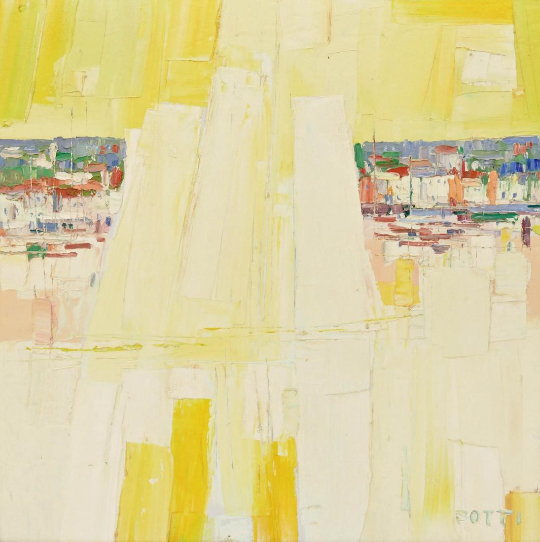 Italo Botti (1923-2003 American) Untitled Harbor Scene: Italo Botti (1923-2003 American) Untitled Harbor Scene Oil on Canvas 36''x36'' Image. A colorful impressionist oil signed l.r. Pioneer Square Gallery, Seattle label on verso. Gallery framed 41''x41''.