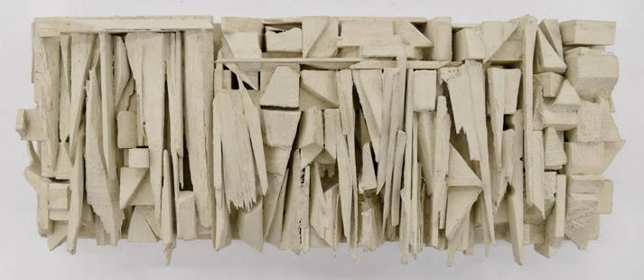 Richard Faralla (1916-1996 California) ''Relief'' 1976: Richard Faralla (1916-1996 California) ''Relief'' 1976 Painted Wood Assemblage 5.25''x13.25''x1.75''. A constructivist sculpture of assembled wood. Signed with David Cole Gallery, Inverness label on v