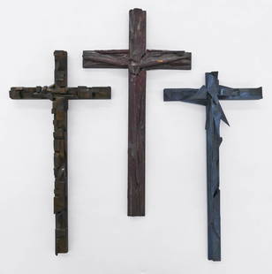 Richard Faralla (1916-1996 California) Three Crucifixes: Richard Faralla (1916-1996 California) Three Crucifixes 1971 Painted Wood Assemblages. Includes three constructivist sculptures of assembled wood. Sizes are 14''x7.5'', 13.5''x6.75'', and 13''x6.75''.